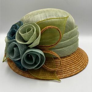 Women's August Hat Company Straw Hat W/ Multiple Blue/Green Flowers Derby Easter